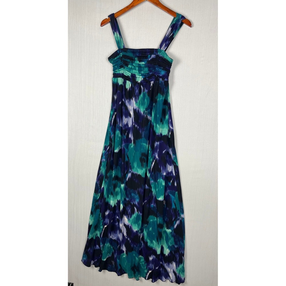 AB Studio Maxi Dress M Teal Purple Abstract Ruched Empire Waist Whimsigoth